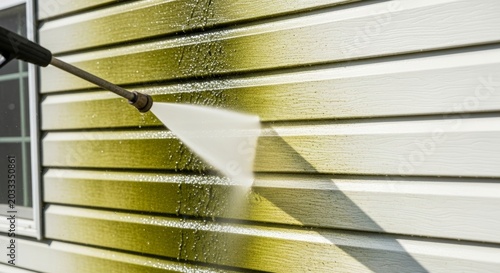 Person using pressure washer to clean mold and grime from dirty vinyl siding on residential exterior wall. Home improvement and spring maintenance task. Domestic dwelling care cleanup.