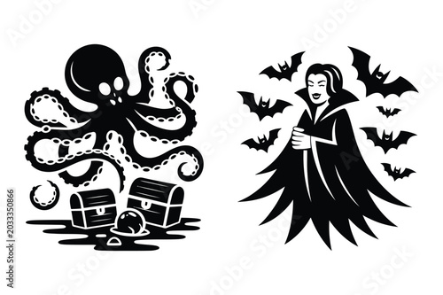 Fotografie Octopus guarding treasure chests and female vampire with bats silhouette set
