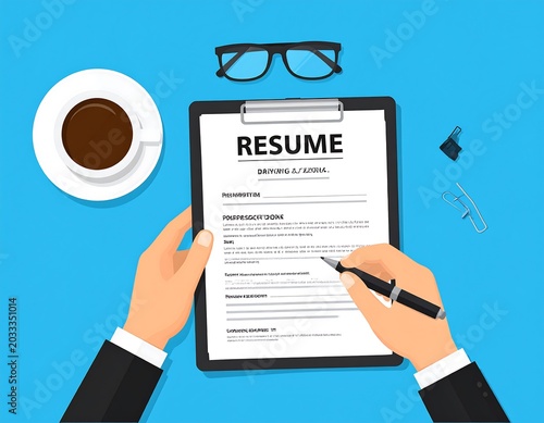 Businessperson Reviewing Printed Resume on Clipboard at Desk with Coffee
