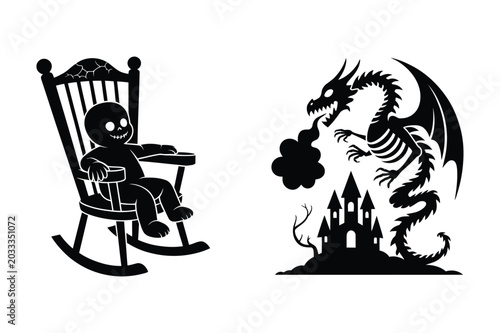 Foto Halloween silhouette of figure in rocking chair and skeletal dragon over castle