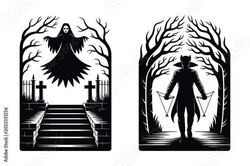 Bilde på lerret Halloween ghost hovering over cemetery and mysterious figure in dark woods vecto