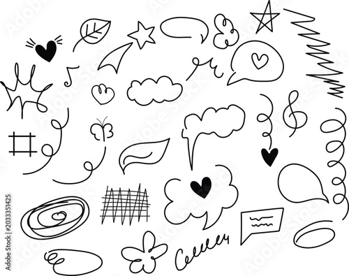 Hand drawn doodle icons set with hearts clouds and stars