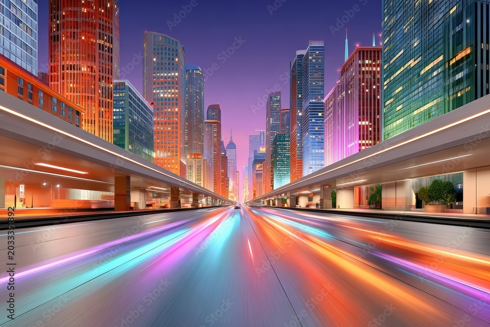 Obraz premium Futuristic neon city skyline with motion blur lights racing down an urban highway at dusk