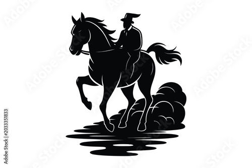 Tableau sur toile Black silhouette of a horse rider galloping across a dusty trail or field