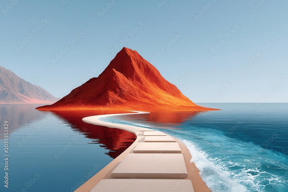 Fototapeta premium Surreal red lava mountain island with winding path over calm sea at sunrise