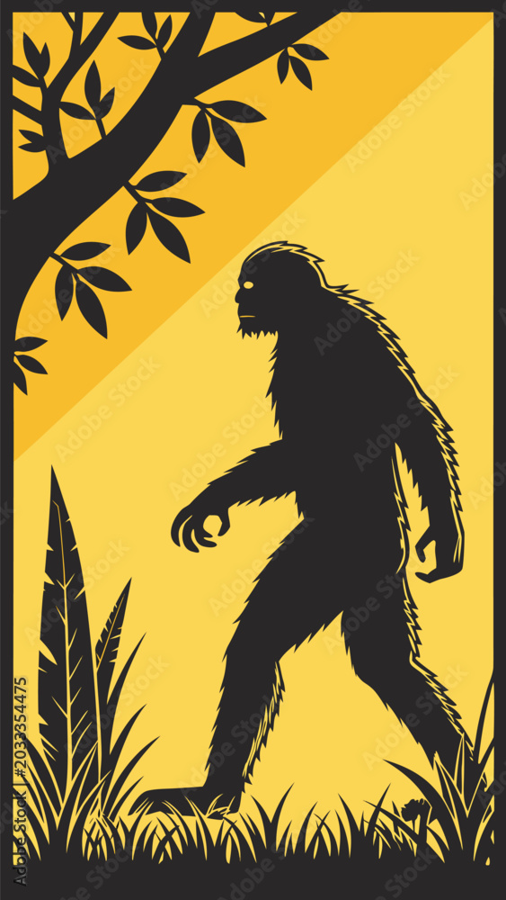 Fototapeta premium Vector illustration bigfoot silhouette walking in the forest, vector illustration of a mysterious creature in the woods