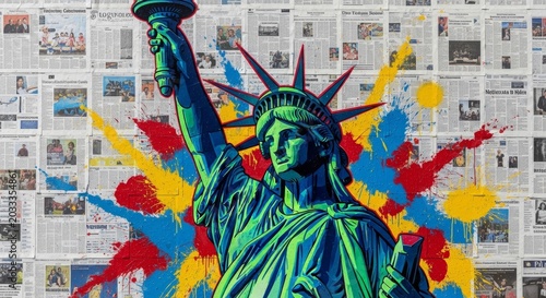 Statue of Liberty street art mural against a newspaper collage background. Colorful pop art style depiction of the iconic American monument. Symbols of freedom, patriotism and media.