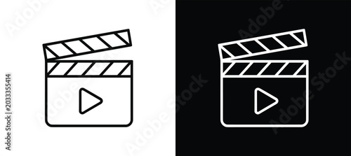Cinematic Slate Icons: Clean line art icons representing video production. filmmaking tool, movie making, film industry, entertainment.