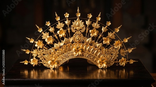 Exquisite Golden Balinese Traditional Headdress Crown with Intricate Floral Carvings on Dark Background, Cinematic Lighting for Luxury Wedding and Cultural Heritage Concept