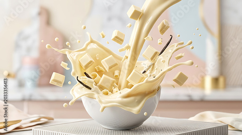 Creamy white chocolate liquid splashing into a bowl with chocolate cubes