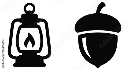 Konstfotografi Vintage lantern and acorn silhouette icons for camping or outdoor activities