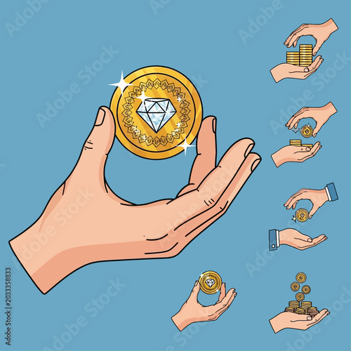 Hands exchanging coins with precious diamond.