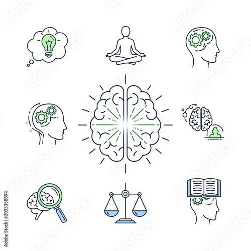 Mindfulness and brain icons for mental health and wellness concepts.
