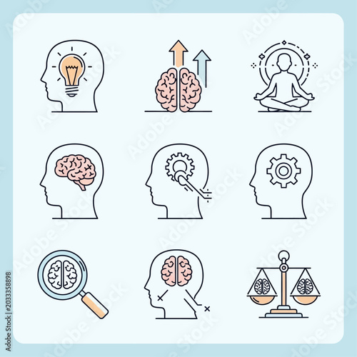 Mindfulness and brain function icons set.