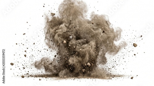 Powerful cloud of brown dust and debris exploding upwards, scattering particles in a dynamic burst against a clean white backdrop, symbolizing impact or demolition