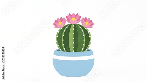 Cute cartoon illustration of a vibrant green succulent cactus plant blooming with delicate pink flowers in a stylish blue ceramic pot, perfect for minimalist decor and nature-inspired designs