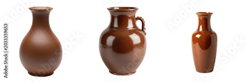 Schilderij op canvas Set and collection of traditional brown ceramic clay jug or rustic earthenware p