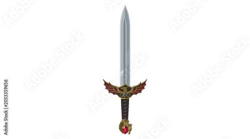 A meticulously detailed fantasy sword featuring a gleaming silver blade and an intricately designed golden hilt adorned with a vibrant red gem, evoking tales of ancient heroes and mythical power