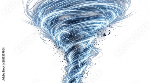 Abstract representation of a powerful swirling vortex with a bright blue and white energy, evoking a sense of dynamism and natural force on a white background