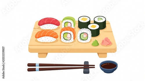 A vibrant and delicious illustration of a sushi platter, complete with chopsticks and soy sauce, showcasing a variety of popular sushi rolls and nigiri