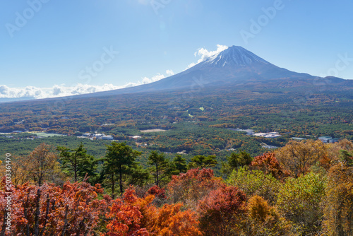 Stunning panoramic landscape of Mount Fuji and the vast primeval Aokigahara forest under a clear blue sky from Koyodai, Japan.