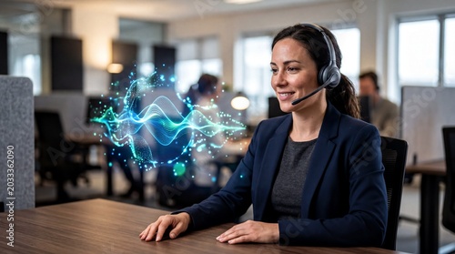 ai customer support, a customer service agent wearing a headset interacts with a holographic interface
