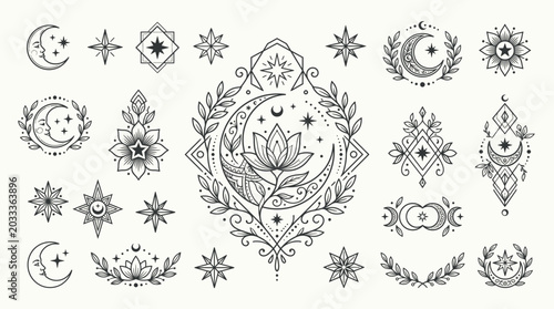 Large Set of Outline Celestial and Mystical Symbols with Moon, Stars, and Lotus on Bright Studio Background