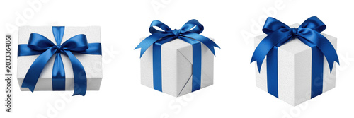 Foto Set and collection of realistic white cube gift box wrapped with a beautiful glo