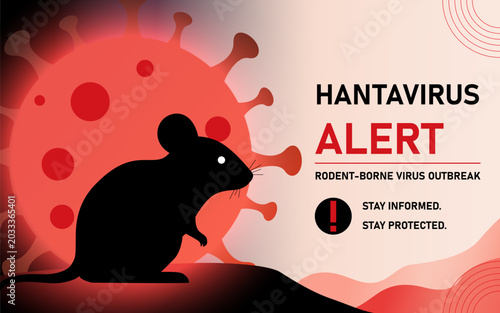 Photos Flat hantavirus alert banner with infected rodent, virus outbreak warning and pu