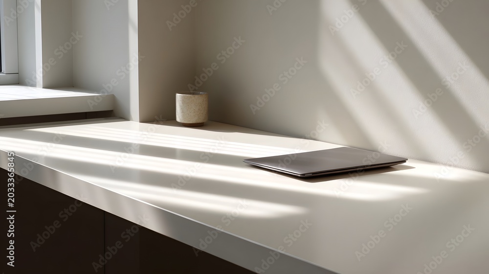 Fototapeta premium A minimalist still life composition featuring geometric shadows and light across a clean interior surface
