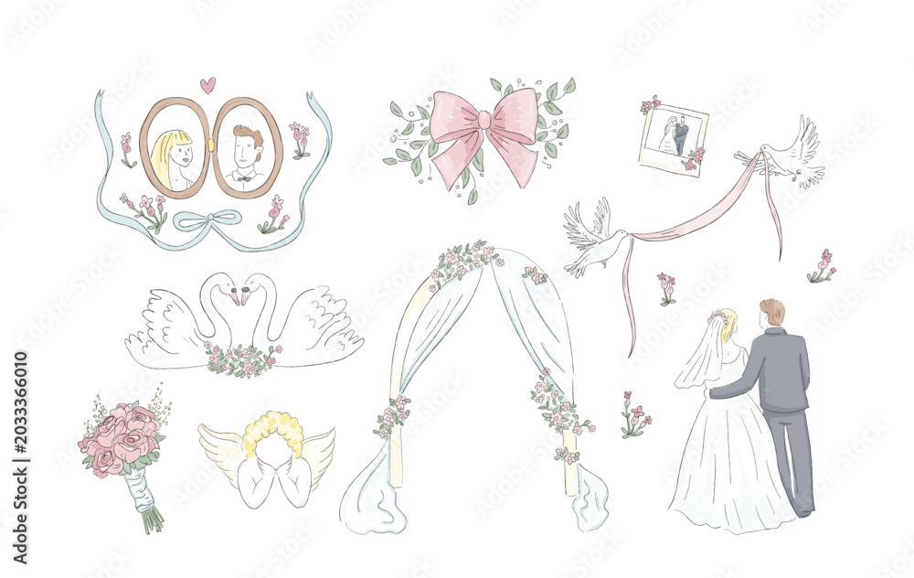 Obraz premium Wedding Elements Set Hand Drawn