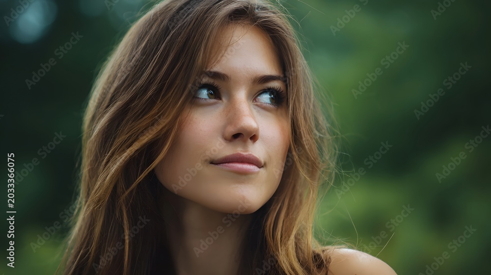 Naklejka premium A beautiful young woman looks thoughtfully into the distance amidst a soft natural outdoor setting