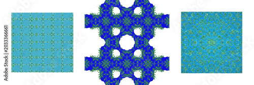 Foto Set and collection of intricate green and blue kaleidoscopic pattern abstract ti