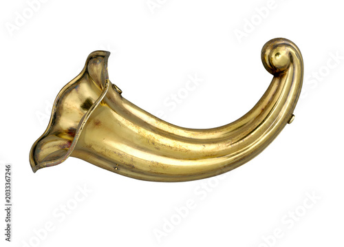 Antique golden brass cornucopia horn vase, isolated on transparent background (PNG). Traditional cornucopia symbol, a Victorian floral bouquet holder, or a luxury retro design element.