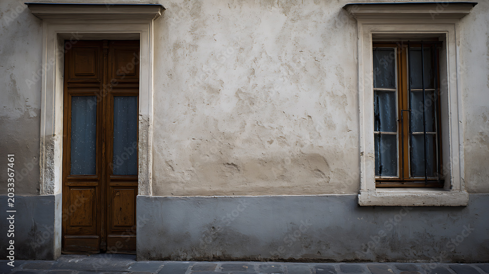 Fototapeta premium Rustic, Weathered Facade with Historic Wooden Door and Window on a Grungy Wall, Evoking an Old-World Charm and Timeless European Street Scene