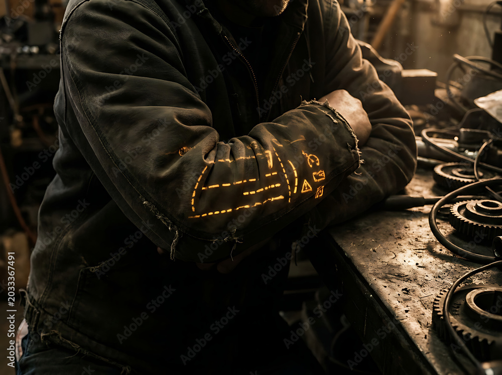 Fototapeta premium Dedicated artisan in rugged workwear, sleeves subtly adorned with glowing patterns, intently working on intricate mechanical components in an atmospheric industrial workshop