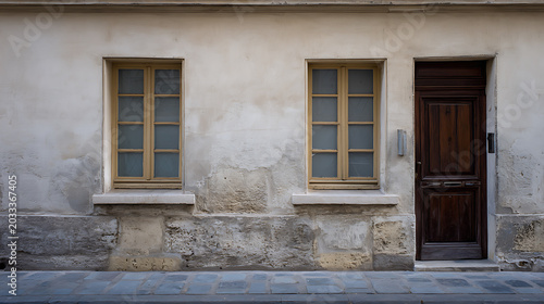 A weathered stone wall facade with two traditional wooden windows and a rustic dark wood door, showcasing age and classic urban architecture