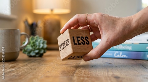 Hand holding wooden block with stress less message on desk with books