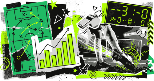 Foto Soccer analytics collage with tactical board and data charts, football sports st