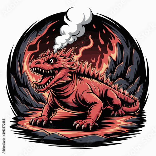 Photos A cartoon dinosaur breathing fire fiercely.