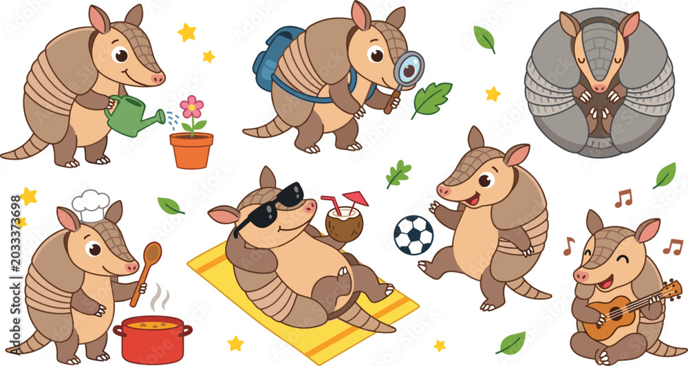 Fototapeta premium Cute Armadillo Cartoon Character Set Featuring Gardening, Exploring with Magnifying Glass, Curled in Ball, Cooking, Sunbathing on Beach Mat, Playing Soccer, and Guitar Vector Illustration