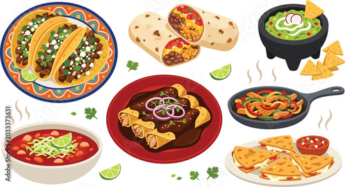 Bild auf Leinwand Traditional Mexican Food Dishes Vector Illustration Set Featuring Corn Tacos, Be
