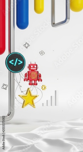 Advanced Gamified Coding Protocols and Digital Pedagogy Metrics Concept with Floating Slate Brackets, Resin Robot, and Brass Star Icons over White Silk with Copy Space