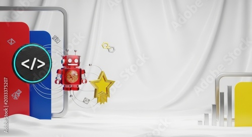 Advanced Gamified Coding Protocols and Digital Pedagogy Metrics Concept with Floating Slate Brackets, Resin Robot, and Brass Star Icons over White Silk with Copy Space