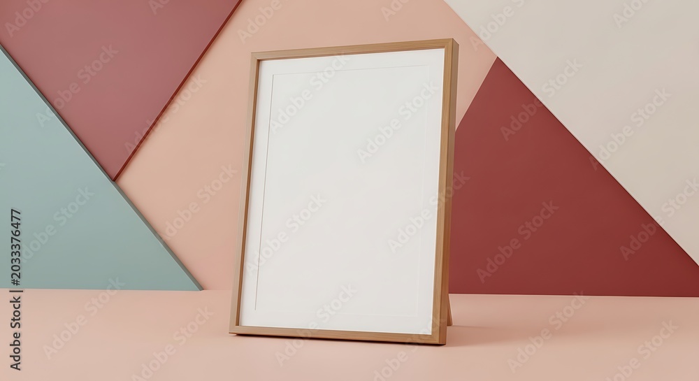 Fototapeta premium Blank wooden picture frame mockup standing on table against geometric pastel wall backdrop for display