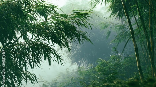 Misty Bamboo Forest: Lush green bamboo stalks shrouded in a gentle mist, with delicate leaves swaying in the breeze, creating an ethereal and tranquil forest scene.
