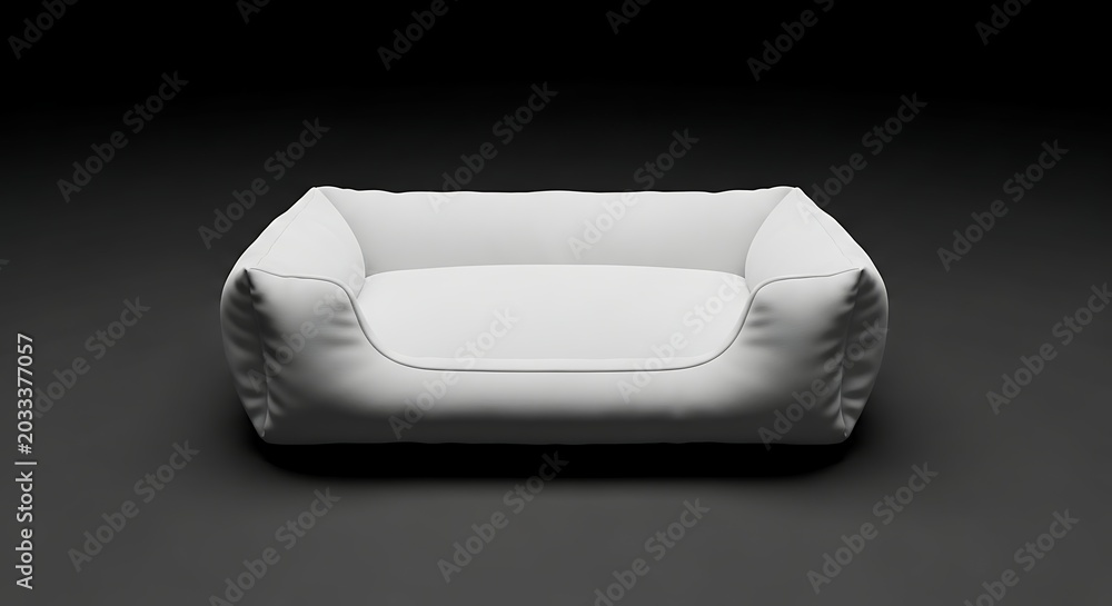 Fototapeta premium Clean empty white pet bed with soft cushion for dogs and cats comfortable resting furniture isolated on dark background