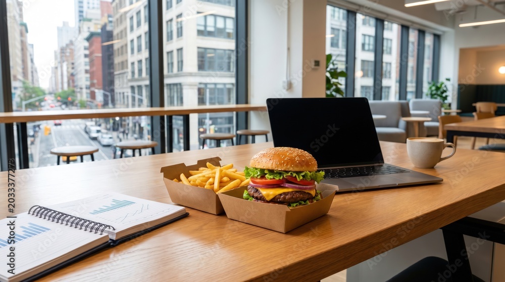 Fototapeta premium Lunch break at office with burger and fries, copy space