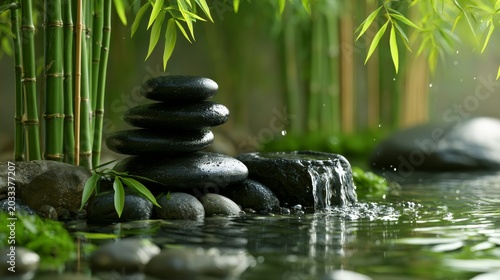 Zen Garden Tranquility: Smooth, dark stones are meticulously stacked beside a gentle cascade of water, surrounded by lush bamboo and vibrant green moss.