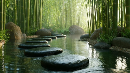Tranquil Bamboo Path: A serene pathway of smooth stepping stones meanders through a tranquil bamboo forest, with gentle sunlight filtering through the tall stalks.